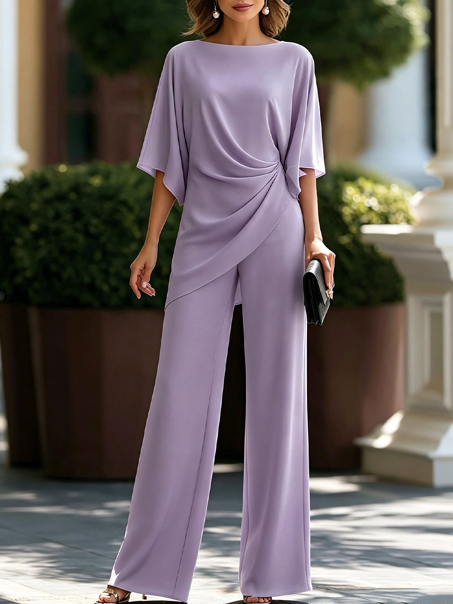 Ayame | Ensemble drapé à manches cape et pantalon large – Lavande