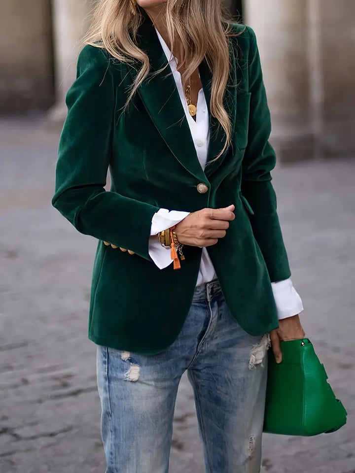 Sayuri | Blazer ajusté effet velours à boutons dorés – Vert