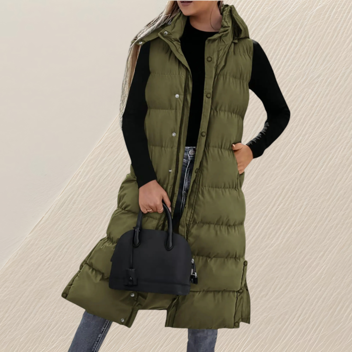 Honoka | Gilet long matelassé à capuche – Vert armée