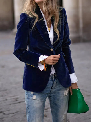 Sayuri | Blazer ajusté effet velours à boutons dorés – Bleu