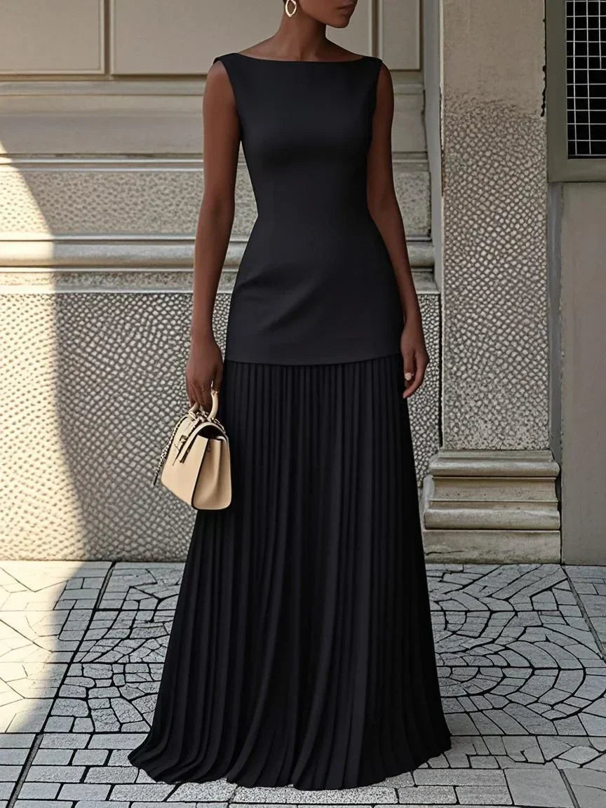 Sumire | Robe longue plissée sans manches – Noir