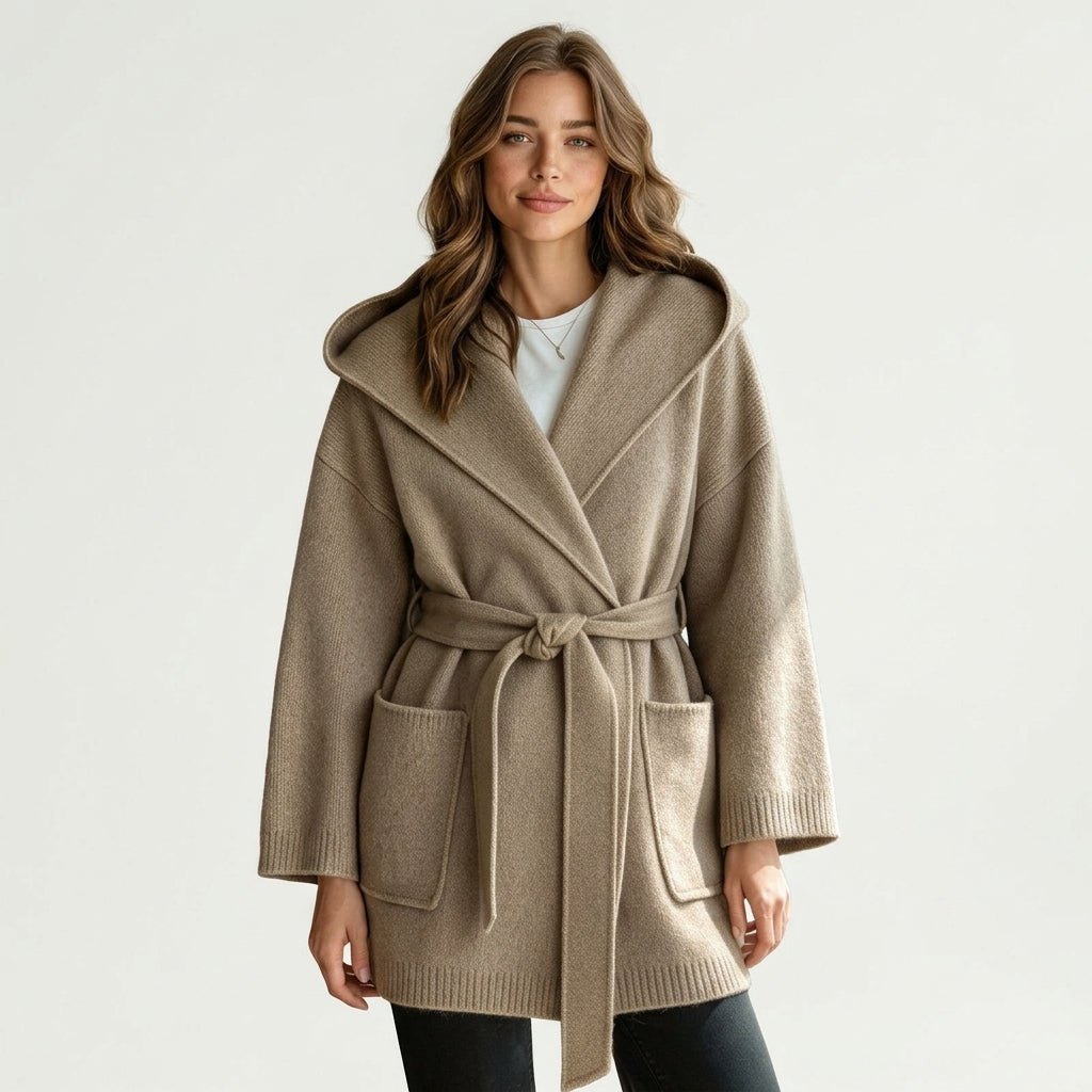 Rumi – Cardigan à capuche camel clair vue studio (archive)