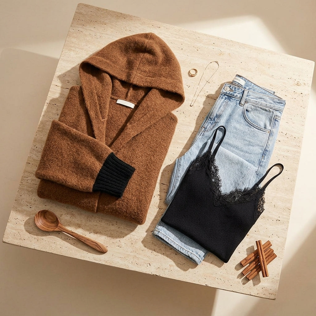 Flat lay stylisé cardigan Ryoko marron et noir