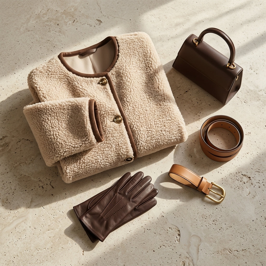 Sachi – Flat lay mise en valeur veste sherpa et maroquinerie
