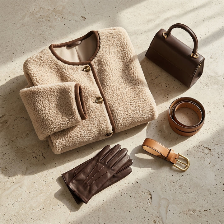 Sachi – Flat lay mise en valeur veste sherpa et maroquinerie