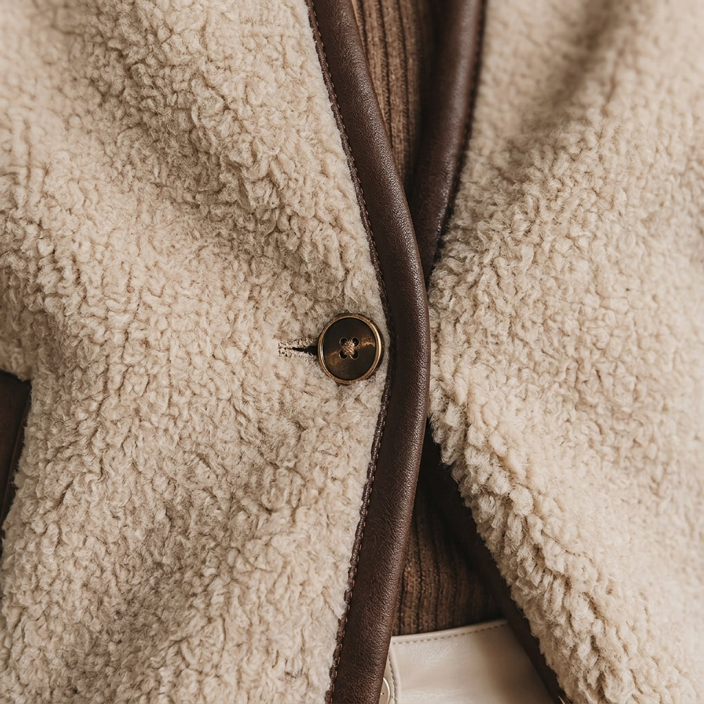 Sachi – Gros plan matière sherpa texturée et liseré marron contrasté