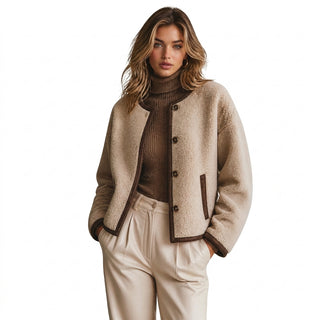 Sachi – Veste sherpa col rond beige avoine portée par mannequin blonde sur fond blanc studio