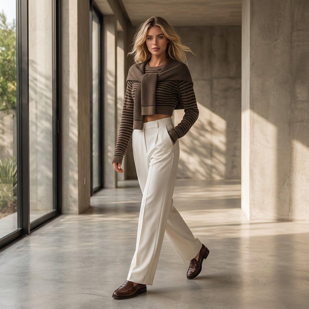 Sae – Silhouette complète pull court rayé et pantalon blanc fluide