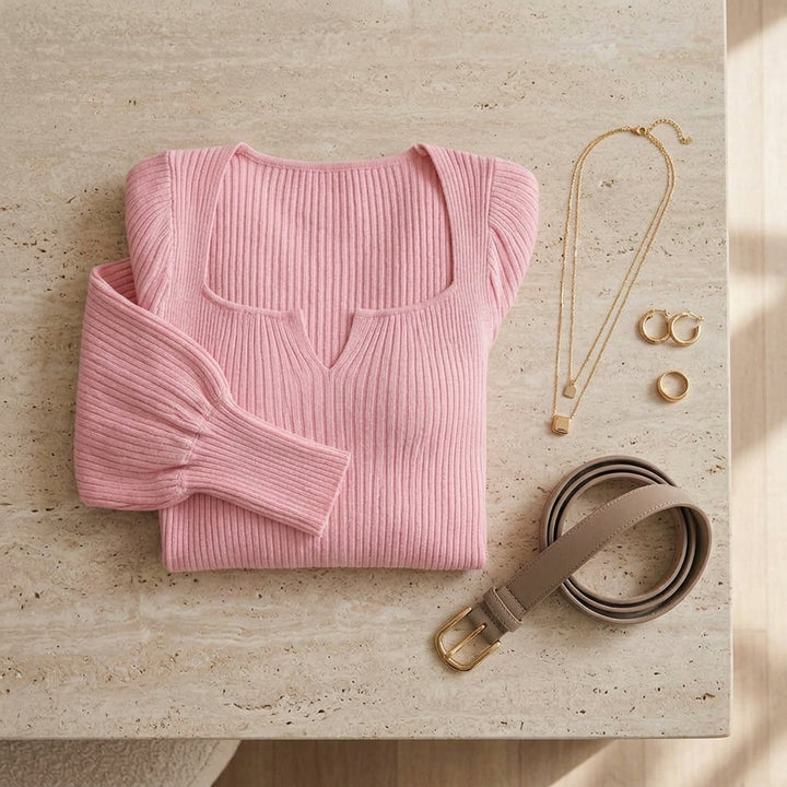 Kaori - Pull rose côtelé en composition à plat avec accessoires