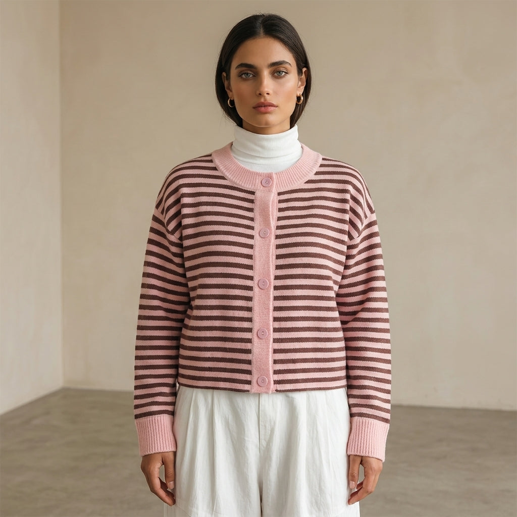 Rui – Cardigan rayé rose et marron vue studio