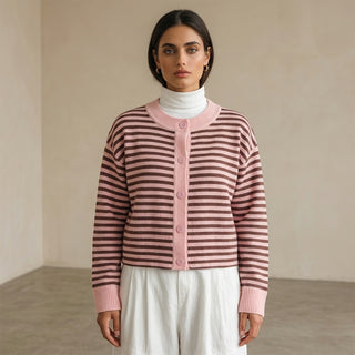 Rui – Cardigan rayé rose et marron vue studio