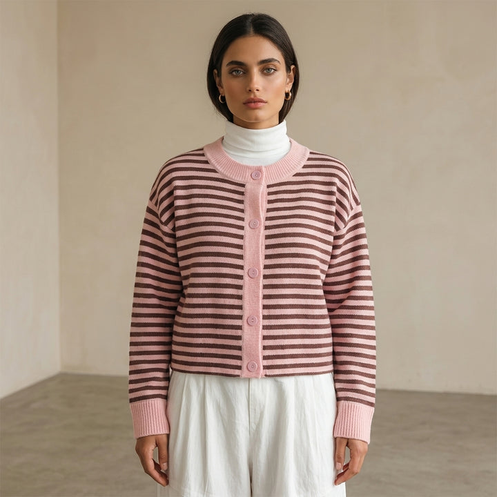 Rui – Cardigan rayé rose et marron vue studio