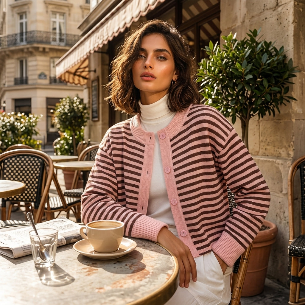 Rui – Cardigan rayé rose et marron ambiance café parisien