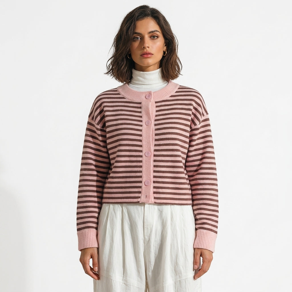 Rui – Cardigan rayé rose et marron fond blanc pur