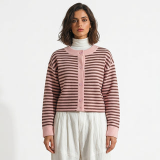 Rui – Cardigan rayé rose et marron fond blanc pur