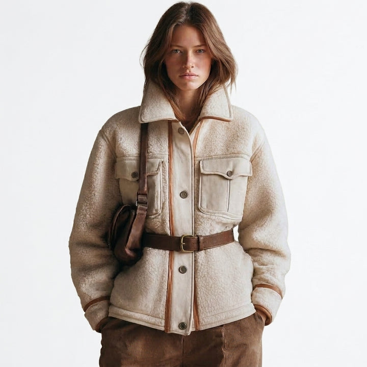 Veste sherpa Ritsu blanc cassé ceinturée - fond blanc studio