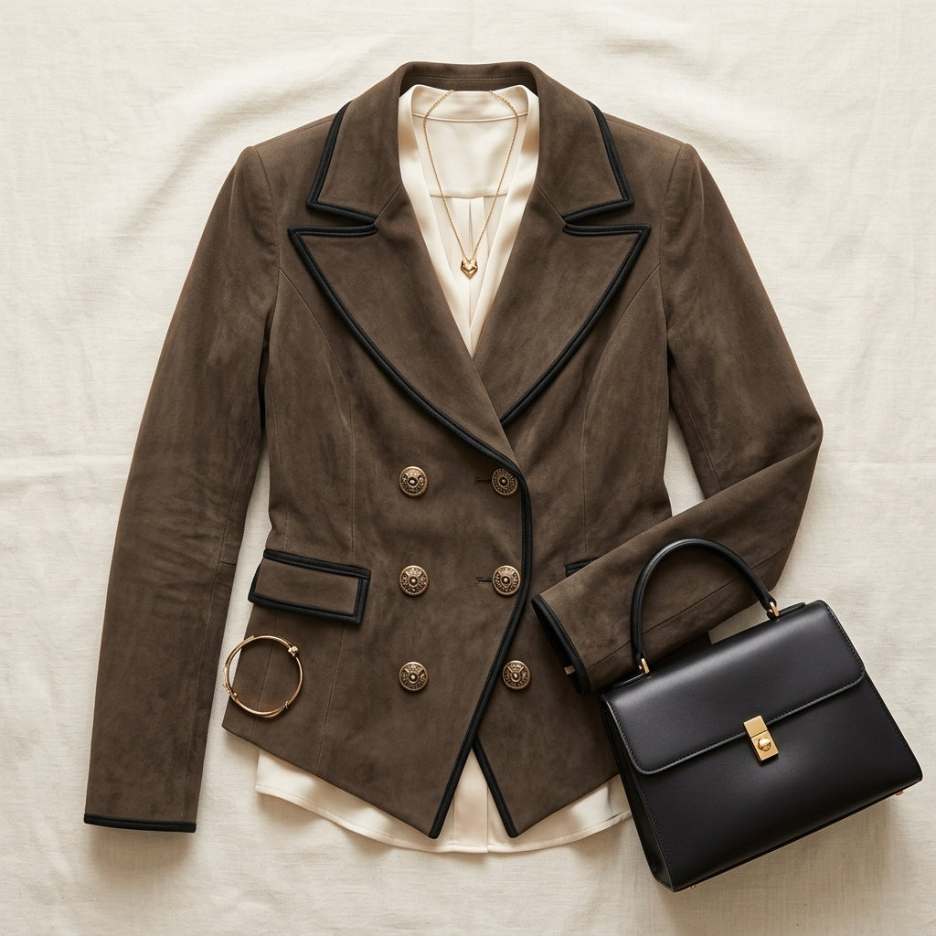 Composition flat-lay tenue avec blazer taupe et accessoires