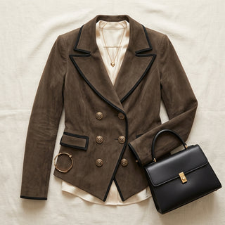 Composition flat-lay tenue avec blazer taupe et accessoires