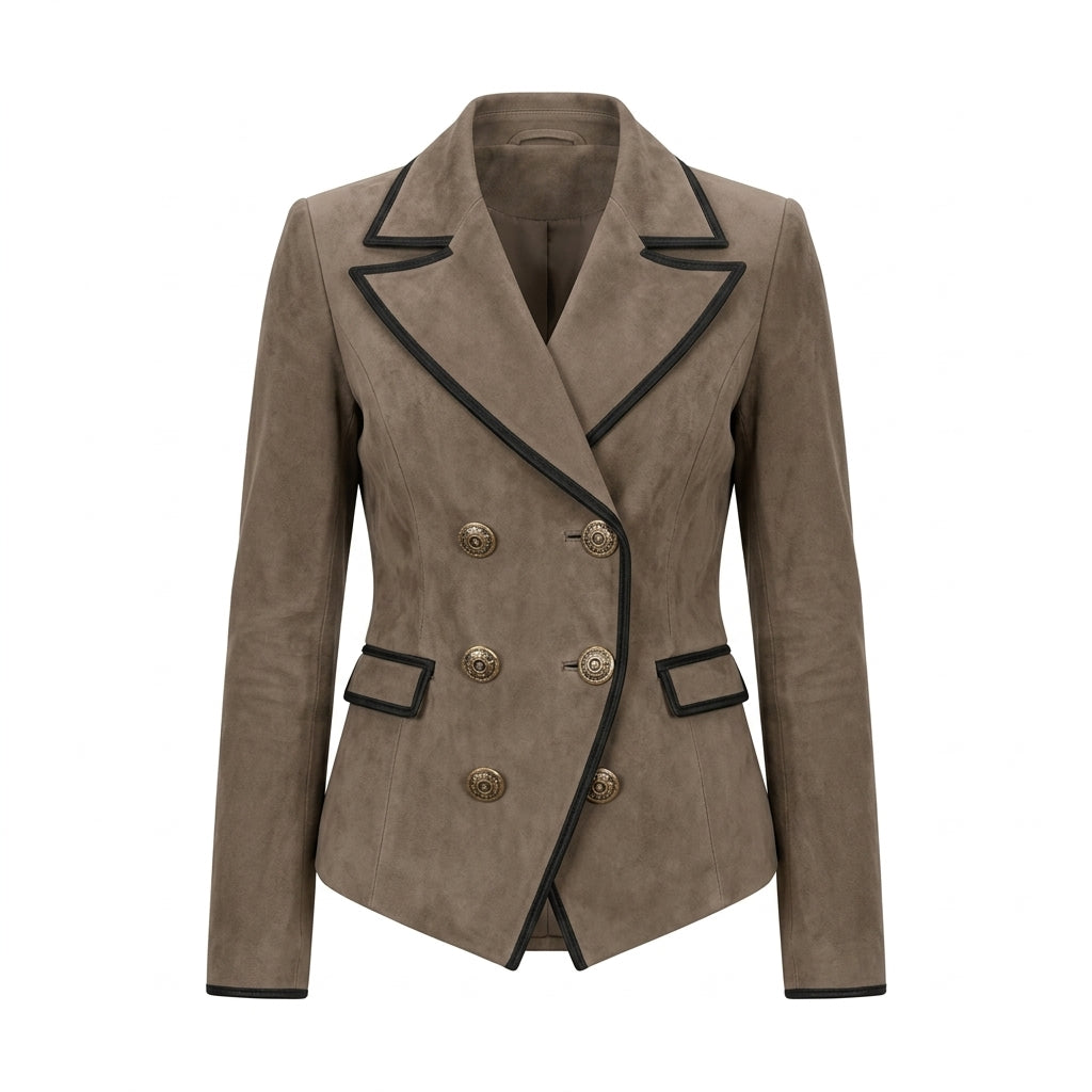 Blazer croisé Risa effet daim taupe sur fond blanc pur