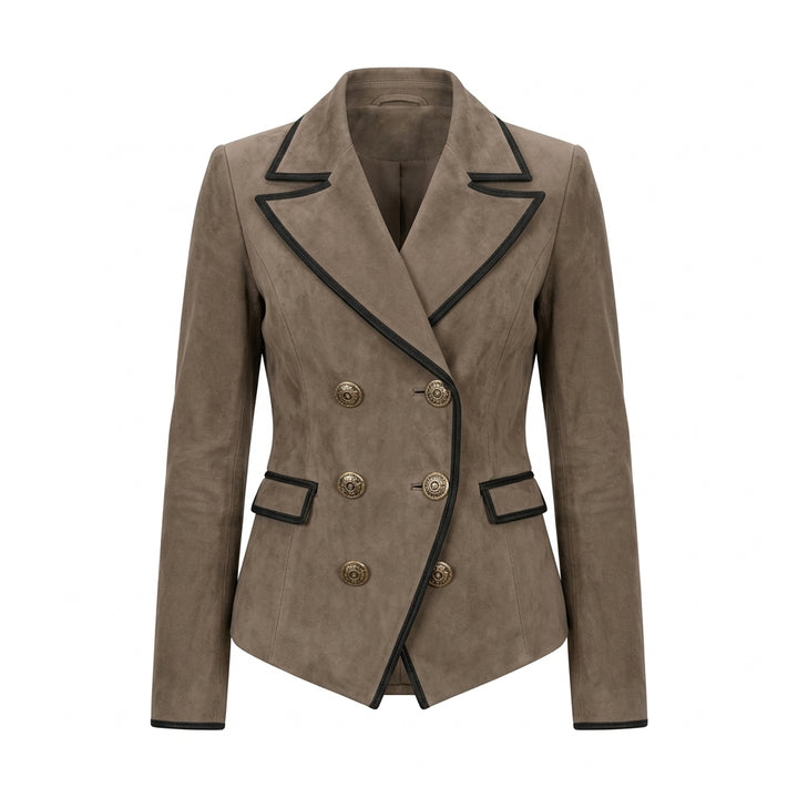 Blazer croisé Risa effet daim taupe sur fond blanc pur
