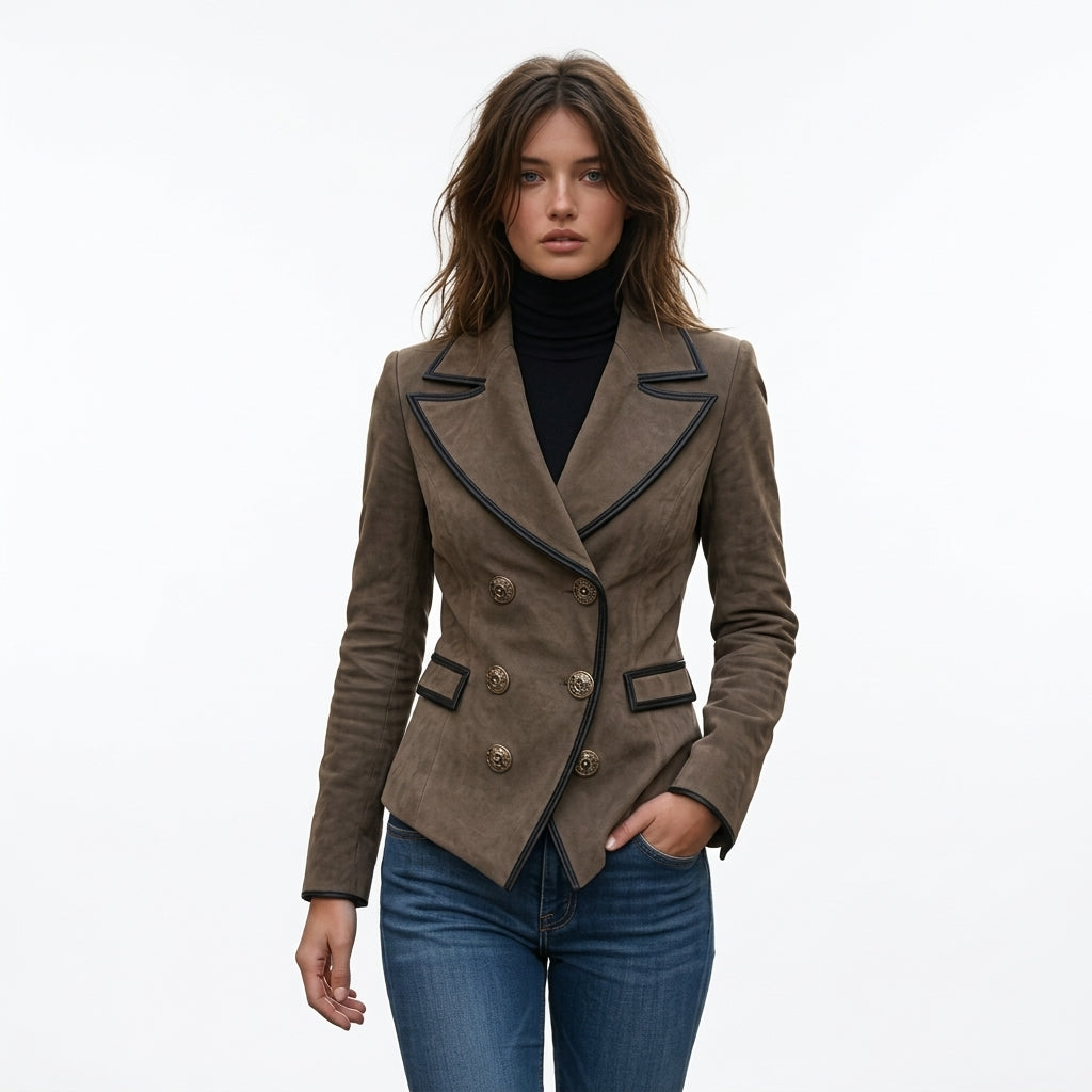 Blazer taupe effet daim porté par un mannequin sur fond blanc pur