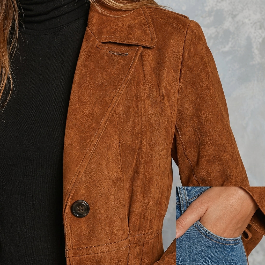 Trench croisé effet daim caramel Rina - Gros plan matière et finitions