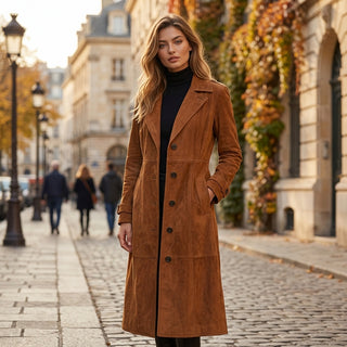 Trench croisé effet daim caramel Rina - Porté urbain automnal