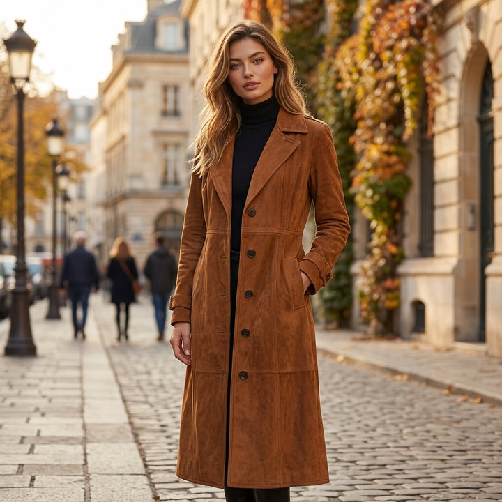 Trench croisé effet daim caramel Rina - Porté urbain automnal