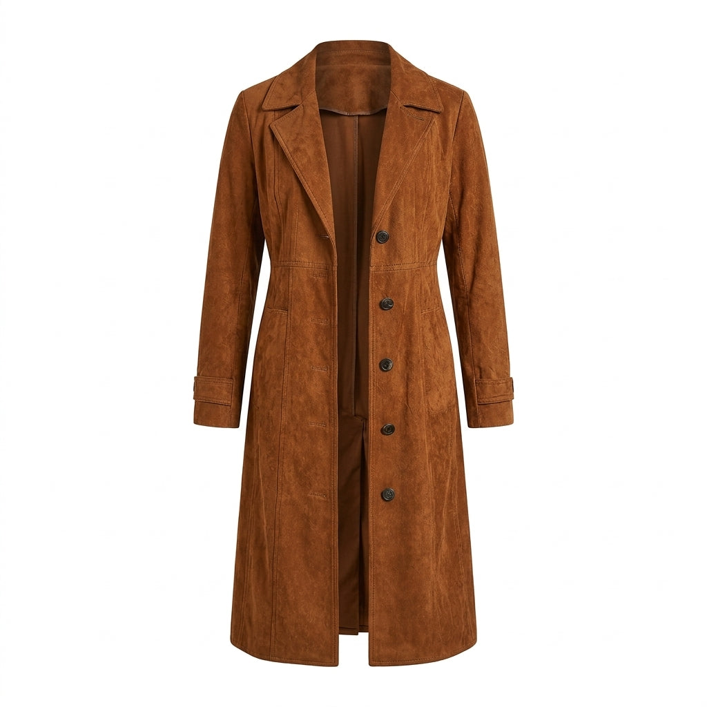 Trench croisé effet daim caramel Rina - Fond blanc pur studio