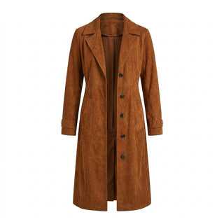 Trench croisé effet daim caramel Rina - Fond blanc pur studio