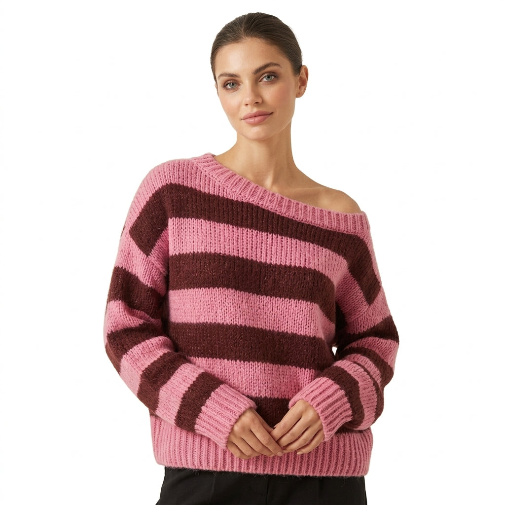 Kahori - Pull rayé rose et bordeaux fond blanc pur