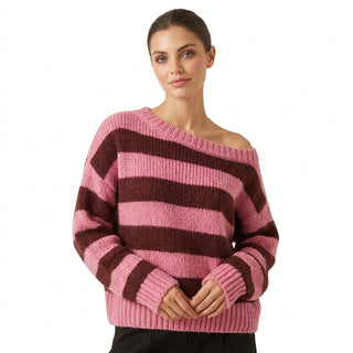 Kahori - Pull rayé rose et bordeaux fond blanc pur