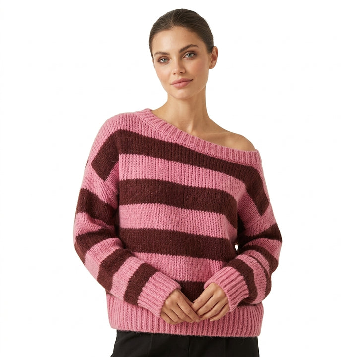 Kahori - Pull rayé rose et bordeaux fond blanc pur