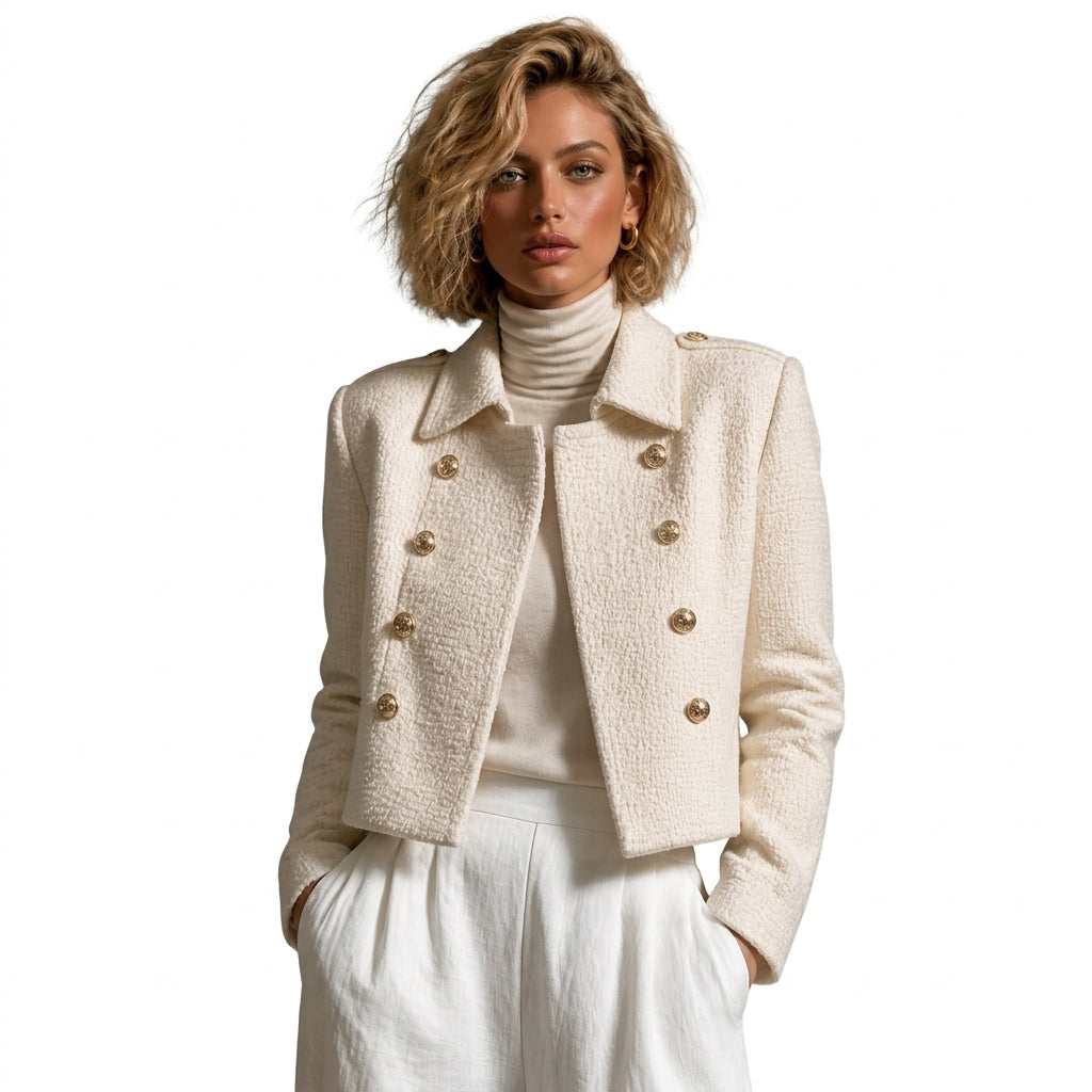 Veste Hanae effet tweed blanc crème sur fond blanc studio