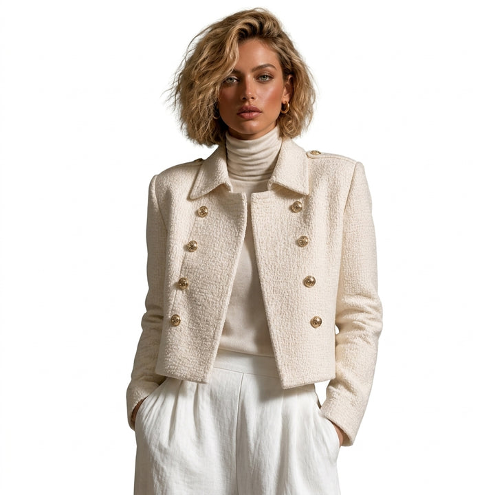Veste Hanae effet tweed blanc crème sur fond blanc studio