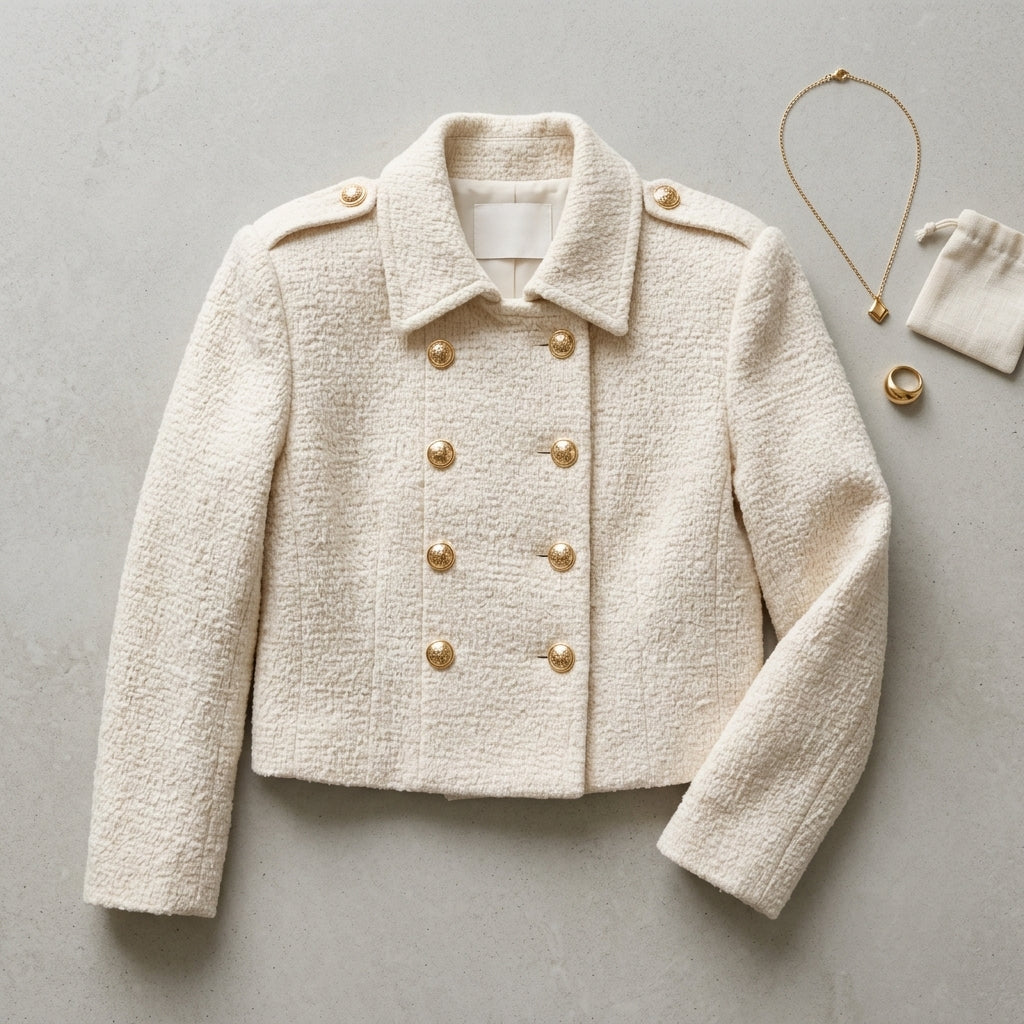 Mise en scène flat lay de la veste tweed Hanae et accessoires