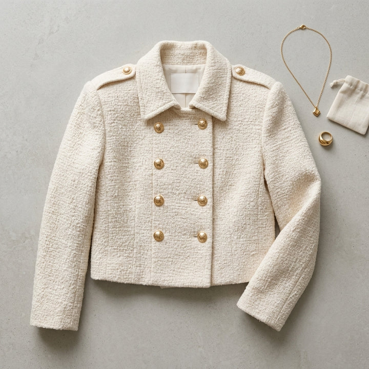 Mise en scène flat lay de la veste tweed Hanae et accessoires