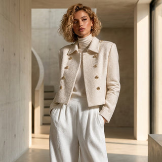 Modèle portant la veste courte en tweed blanc crème Hanae