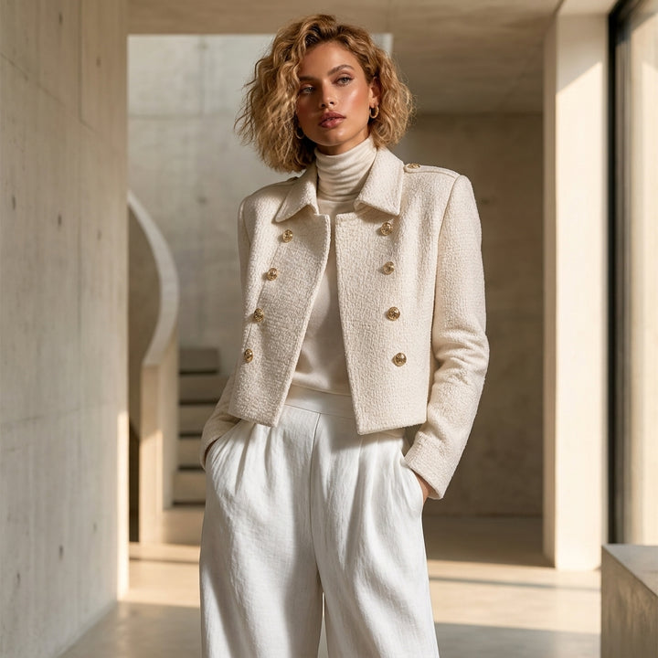 Modèle portant la veste courte en tweed blanc crème Hanae