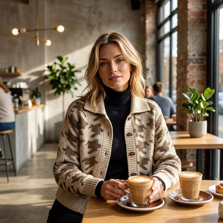 Kaho – Cardigan pied-de-poule - Ambiance lifestyle café
