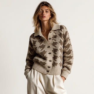 Kaho – Cardigan pied-de-poule crème et marron - Vue studio