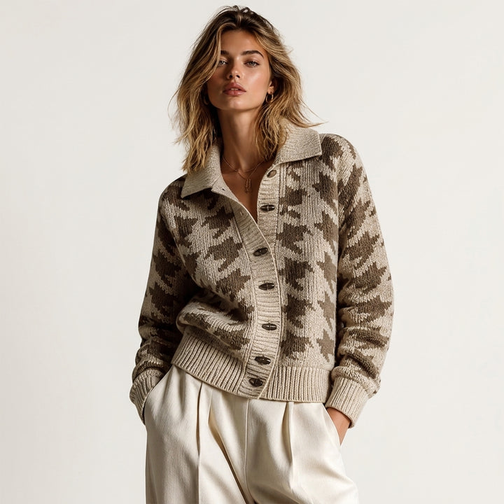 Kaho – Cardigan pied-de-poule crème et marron - Vue studio