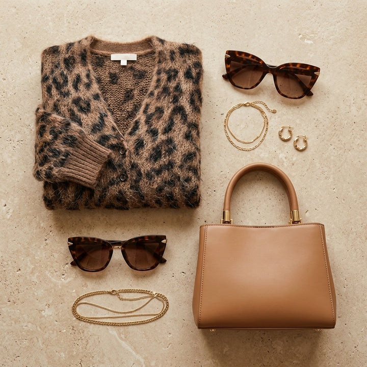 Cardigan léopard Rio - Mise en scène flatlay et accessoires