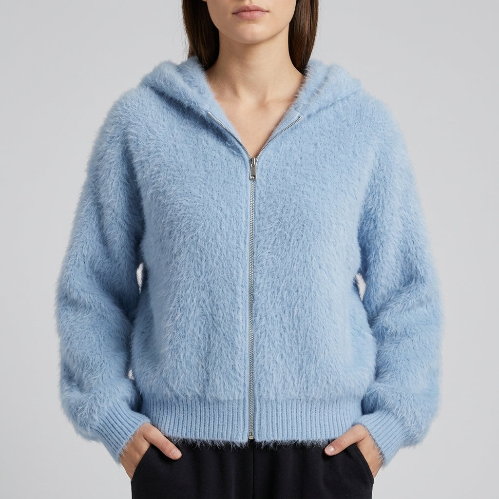 Mayumi – Cardigan zippé à capuche bleu vue studio