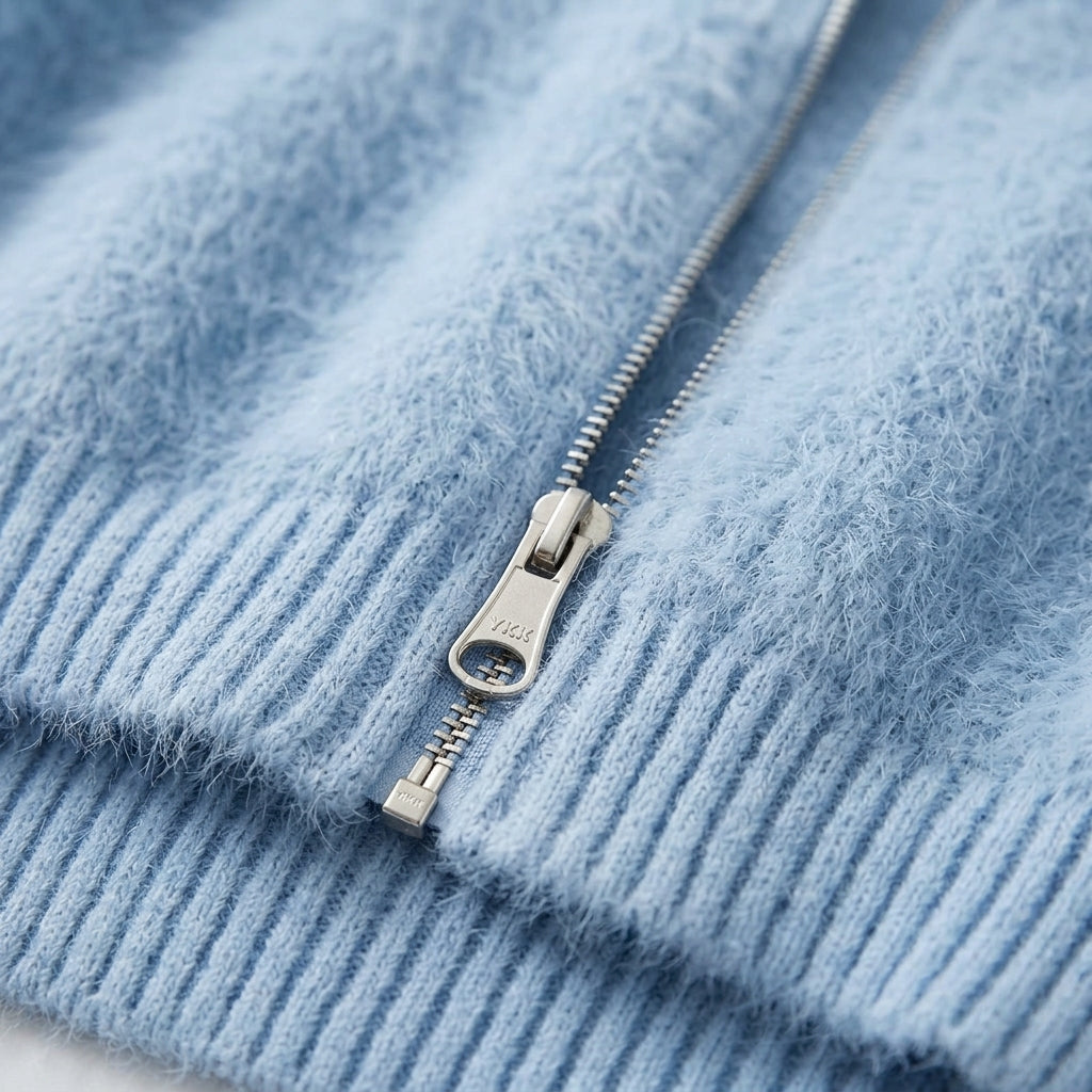 Mayumi – Zoom matière maille duveteuse et zip