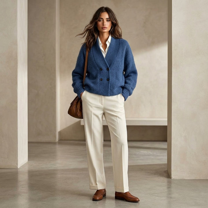 Riko – Cardigan col V porté avec pantalon écru