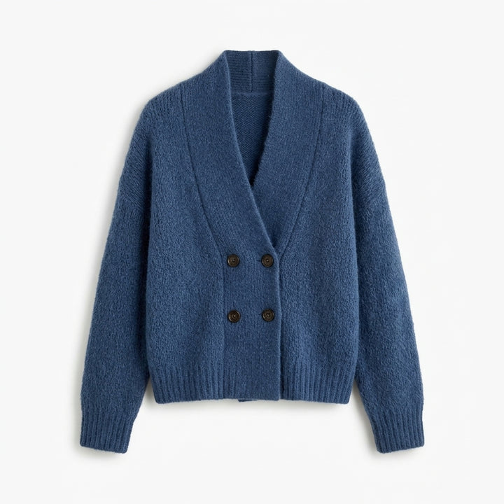 Riko – Cardigan croisé col V bleu foncé – fond blanc studio épuré