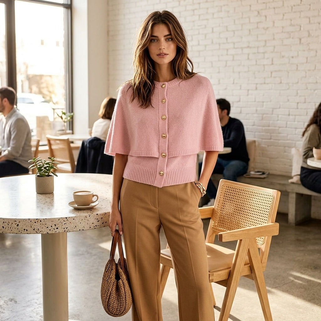 Reina – Cardigan effet cape rose style lifestyle en café