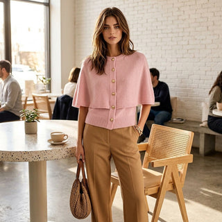Reina – Cardigan effet cape rose style lifestyle en café