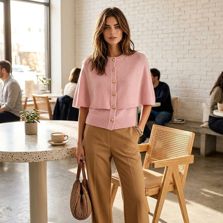 Reina – Cardigan effet cape rose style lifestyle en café
